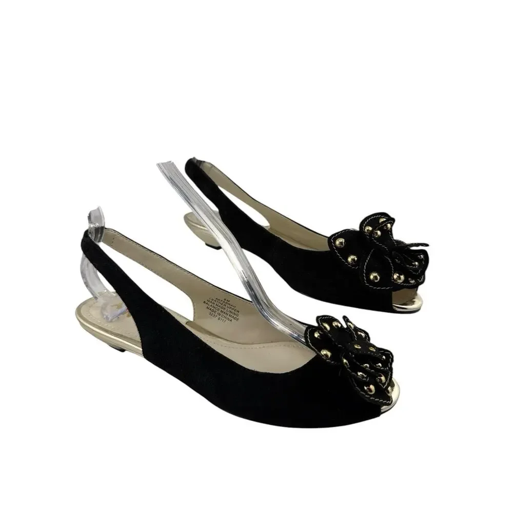 Anne Klein AK Farrah Black Suede Gold Stud Bow Slingback Heels Sz 6 M NWOB